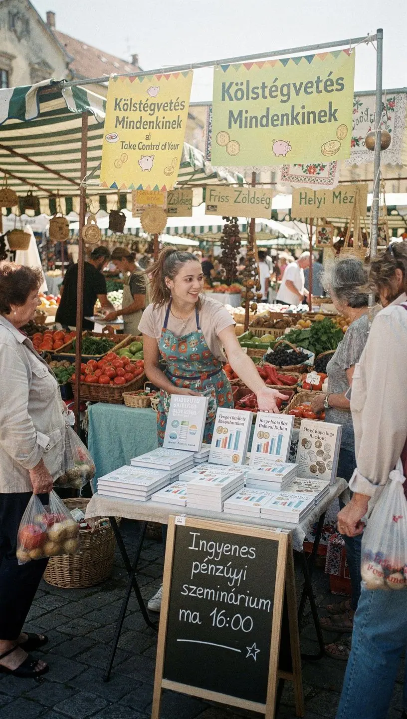 Személyes pénzügyi tervezési könyv és jegyzetek egy asztalon, háttérben laptop és jegyzetfüzet.